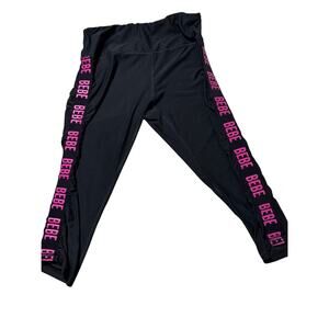 Bebe Sport Womens L Black & Pink Logo Stretchy Ruched Athletic Capris